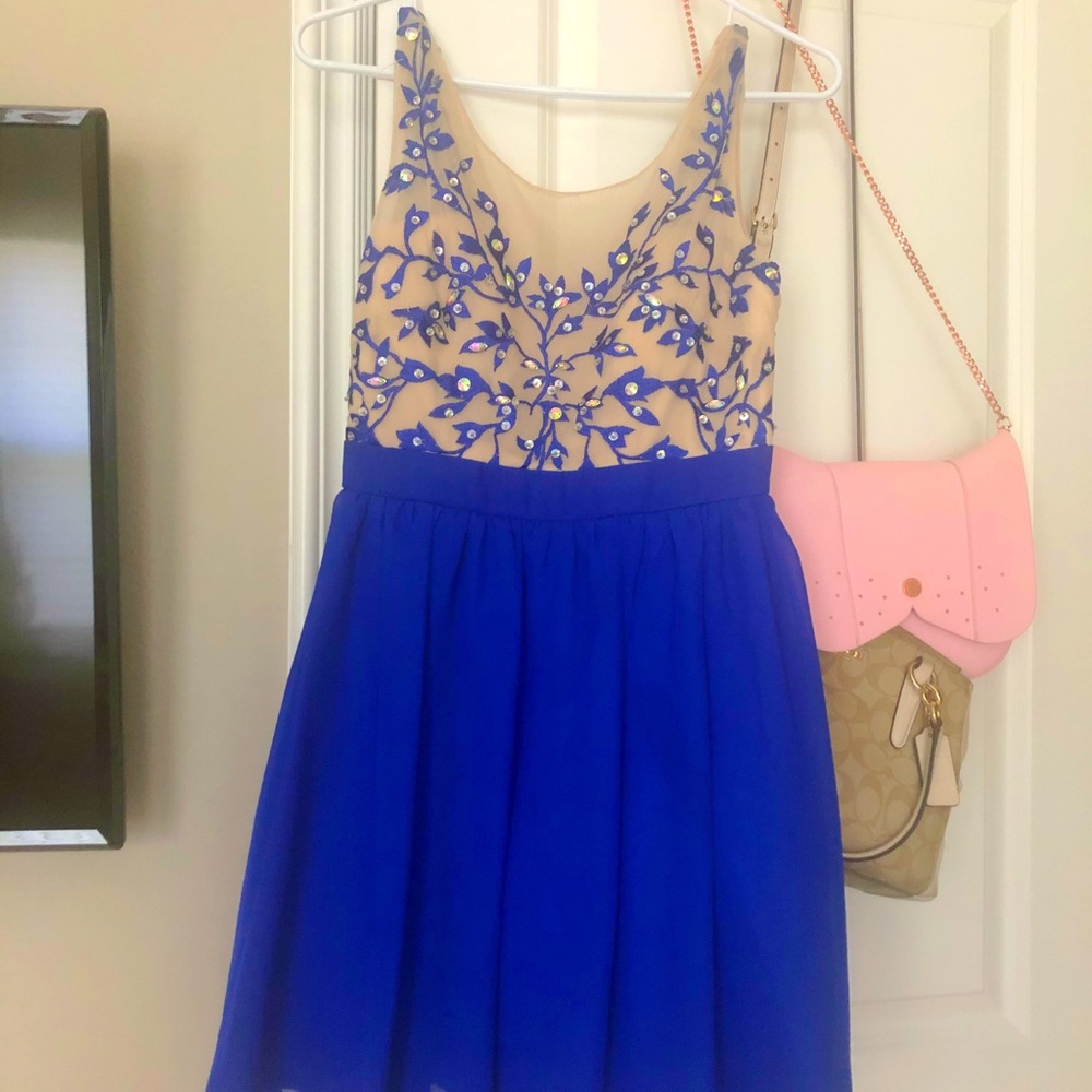 nude illusion blue dress with jewels